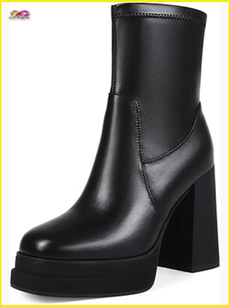 Chunky Platform Ankle Boots Square Toe High Heel Stretchy Combat Booties Y2k